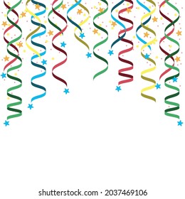 Birthday background with colored streamer and confetti isolated on the white background. Design decoration party, Christmas, New Year celebration, anniversary. Vector illustration. EPS 10.