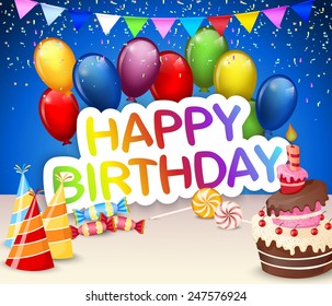 Birthday background with colorful balloon and birthday cake