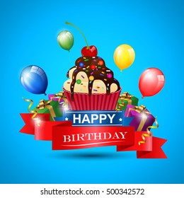 Birthday background with colorful balloon and cake
