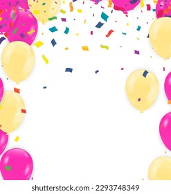 Birthday background with colorful balloons and confetti. Vector illustration.