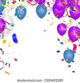 Birthday background with colorful balloons and confetti. Vector illustration.