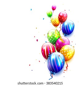 Birthday background with colorful balloons and confetti on white background