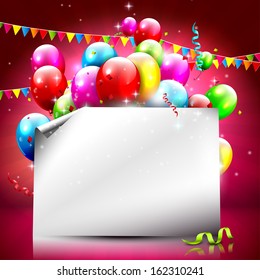 Birthday background with colorful balloons and empty paper 