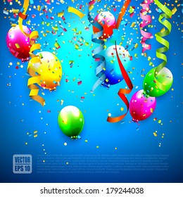 Birthday background with colorful confetti and balloons 