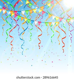 Birthday background with colorful  streamers, confetti and pennants, illustration.