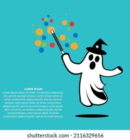 Birthday background concept. Magician birthday ghost mascot cartoon vector illustration.