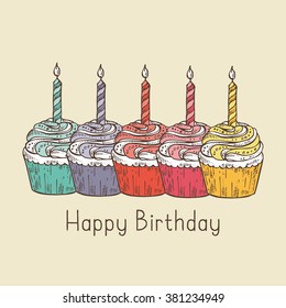 Birthday background with cupcakes , hand drawn