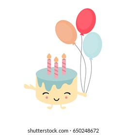 Birthday background with cute cake. Design card. Cake holds air balloons.