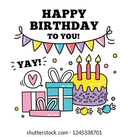 Birthday background design. Birthday congratulations. Hand drawn cartoon illustration. Freehand doodles.
