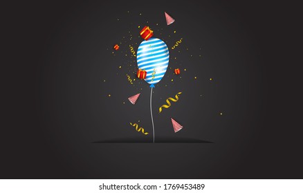 A birthday background design with a dark background, equipped with a birthday hat ornament, gift box, balloons, suitable for invitation cards, backgrounds, posters, social media posts, parties, etc.
