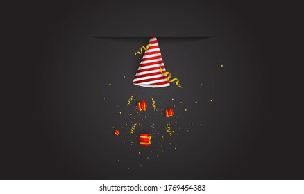 A birthday background design with a dark background, equipped with a birthday hat ornament, gift box, balloons, suitable for invitation cards, backgrounds, posters, social media posts, parties, etc.