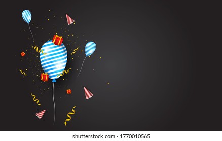 A birthday background design with a dark background, equipped with a birthday hat ornament, a gift box, suitable for invitation cards, backgrounds, posters, social media posts, web, parties, etc.