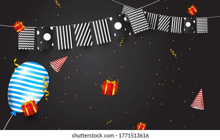 Birthday background design with a dark background, equipped with a birthday hat ornament, gift box, suitable for invitation cards, backgrounds, posters, social media posts, web, parties, etc.