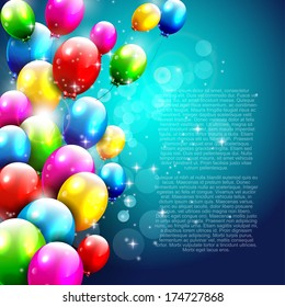 Birthday background with flying colorful balloons and with place for text