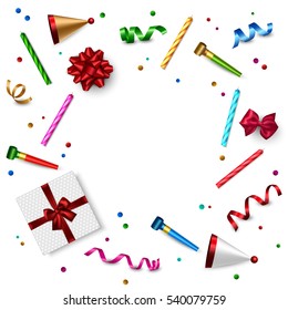 Birthday background with gift box, candle, ribbon and other objects. Top view. Vector illustration.