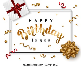 Birthday background with gift box, confetti. Vector illustration.