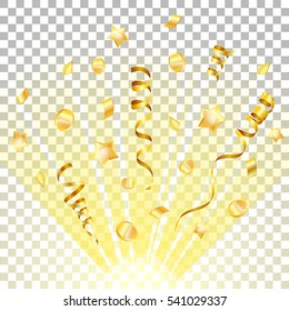 Birthday Background with Gold Streamer and Confetti on transparent background, isolated vector illustration