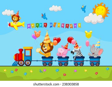 Birthday background with happy animal on train