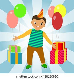 Birthday background with happy boy with presents and ballons 