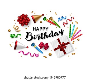 Birthday background with holiday objects. Top view. Vector illustration.