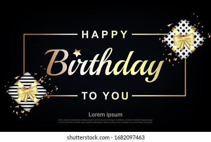 Birthday background with illustrations of gift boxes and gold writing.
