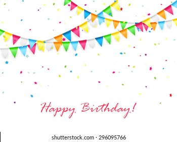 Birthday background with multicolored pennants and confetti, illustration.