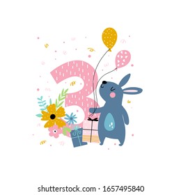 Birthday background with number three, cute rabbit balloons and flowers. Illustration for birthday children greeting card or poster in vector.