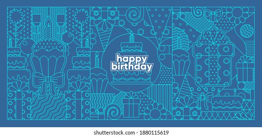 The Birthday Background. Birthday Background. Pattern Of Holiday Elements, Geometric Patterns Cupcake With A Candle, A Gift, A Birthday Cake.