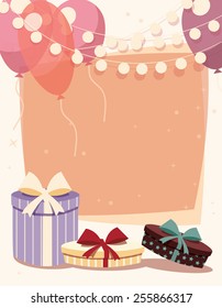 Birthday background with presents and balloons, vector illustration