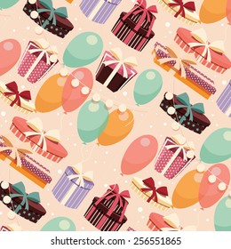 Birthday Background With Presents And Balloons, Vector Illustration