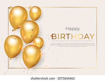 Birthday background with realistic  golden balloons and  golden confetti