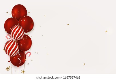 Birthday background with red balloons, party accessories, gold confetti, sparkles.Concepts for web banner, social networks, promotional sales.Vector.
