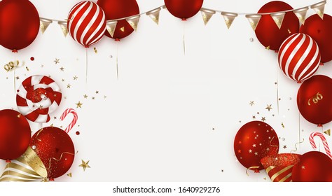Birthday background with red balloons, party hat, gold confetti, lollipops.Colorful poster for Candy shop.Concepts for web banner, social networks, promotional sales.Vector.