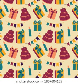 Birthday background. Seamless pattern with colorful gift boxes, ribbon and cake . Vector illustration