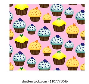 Birthday background. Seamless pattern with cupcakes and muffins. Cute cartoon characters, emoji. Kawaii cupcakes. Vector illustration