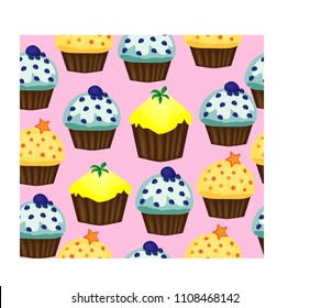 Birthday background. Seamless pattern with cupcakes and muffins. Cute cartoon characters, emoji. Kawaii cupcakes. Vector illustration