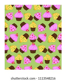 Birthday background. Seamless pattern with cupcakes and muffins. Cute cartoon characters, emoji. Kawaii cupcakes. Vector illustration