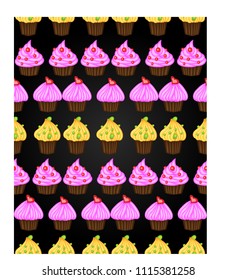 Birthday background. Seamless pattern with cupcakes and muffins. Cute cartoon characters, emoji. Kawaii cupcakes. Vector illustration