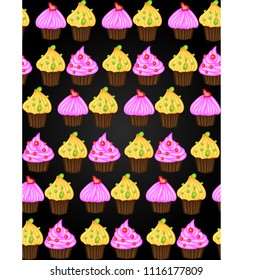 Birthday background. Seamless pattern with cupcakes and muffins. Cute cartoon characters, emoji. Kawaii cupcakes. Vector illustration