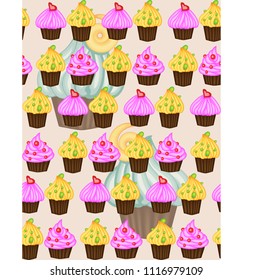 Birthday background. Seamless pattern with cupcakes and muffins. Cute cartoon characters, emoji. Kawaii cupcakes. Vector illustration