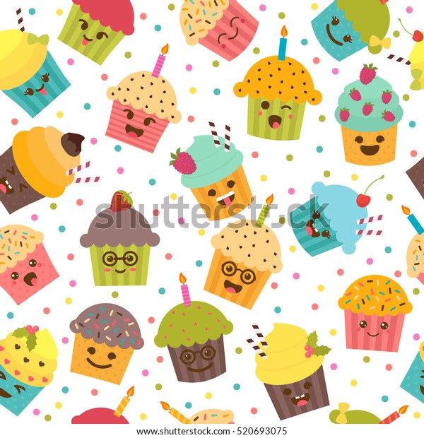 誕生日の背景 カップケーキとマフィンを使ったシームレスな柄 かわいい漫画のキャラクター 絵文字 カワイイのカップケーキ ベクターイラスト のベクター画像素材 ロイヤリティフリー 520693075