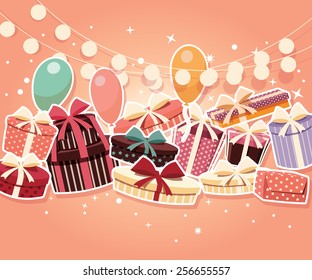 Birthday background with sticker presents and balloons, vector illustration