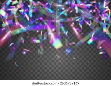 Birthday Background. Surprise Tinsel. Carnaval Burst. Art Concept. Laser Christmas Explosion. Blue Glare Ribbon. 3d Confetti. Falling Poster. Purple Birthday Background