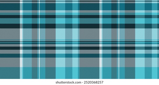 Textura de tartan de fundo de aniversário, efeito de tecido de padrão sem costura. Vetor igual xadrez têxtil verificar em cores ciano e escuras.