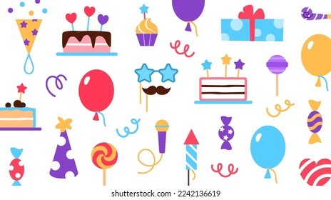 Birthday background for visit, business, greeting card invitation design. Anniversary celebration holiday event. Festive graphic element birthday cake balloon gift box microphone vector illustration.