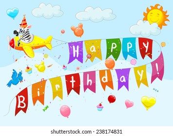 Birthday background with zebra on plane