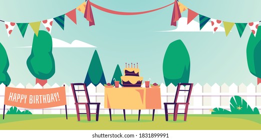 Birthday Backyard Party Outside Decorations. Having Fun And Celebration At Home Yard Picnic With Birthday Cake Outdoors, Flat Cartoon Vector Illustration