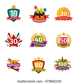 Birthday badge banner design flat background set