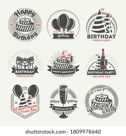 Birthday badge set. Isolated flat happy birthday greeting badge design icons. Retro anniversary label collection with gift box, cake, balloon. Celebration party decoration vector illustration