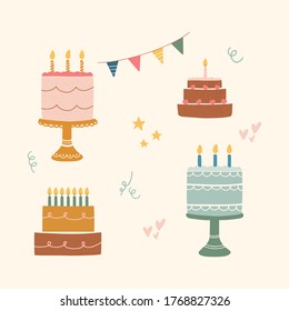 Birthday baked cake with candles. Flat Vector illustration.